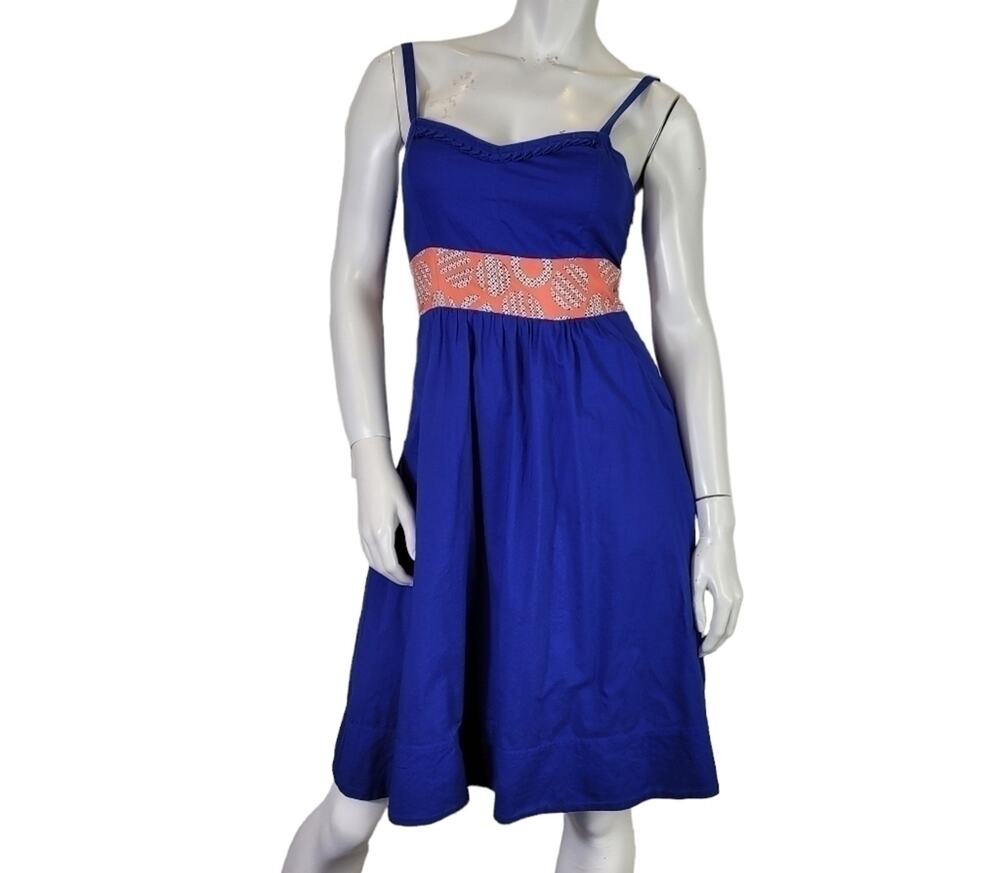 Anthropologie Edme & Esyllte  SZ 4 Blue Orange Cotton Silk A Line Summer